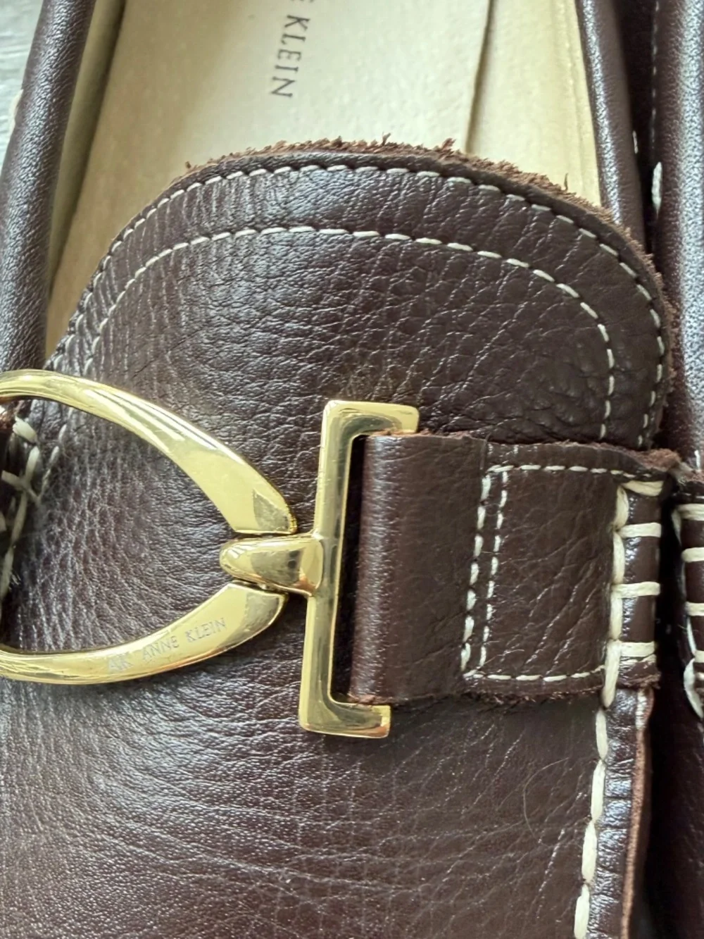 Ann Klein Davis Brown, Leather Loafers with Gold Buckle.
